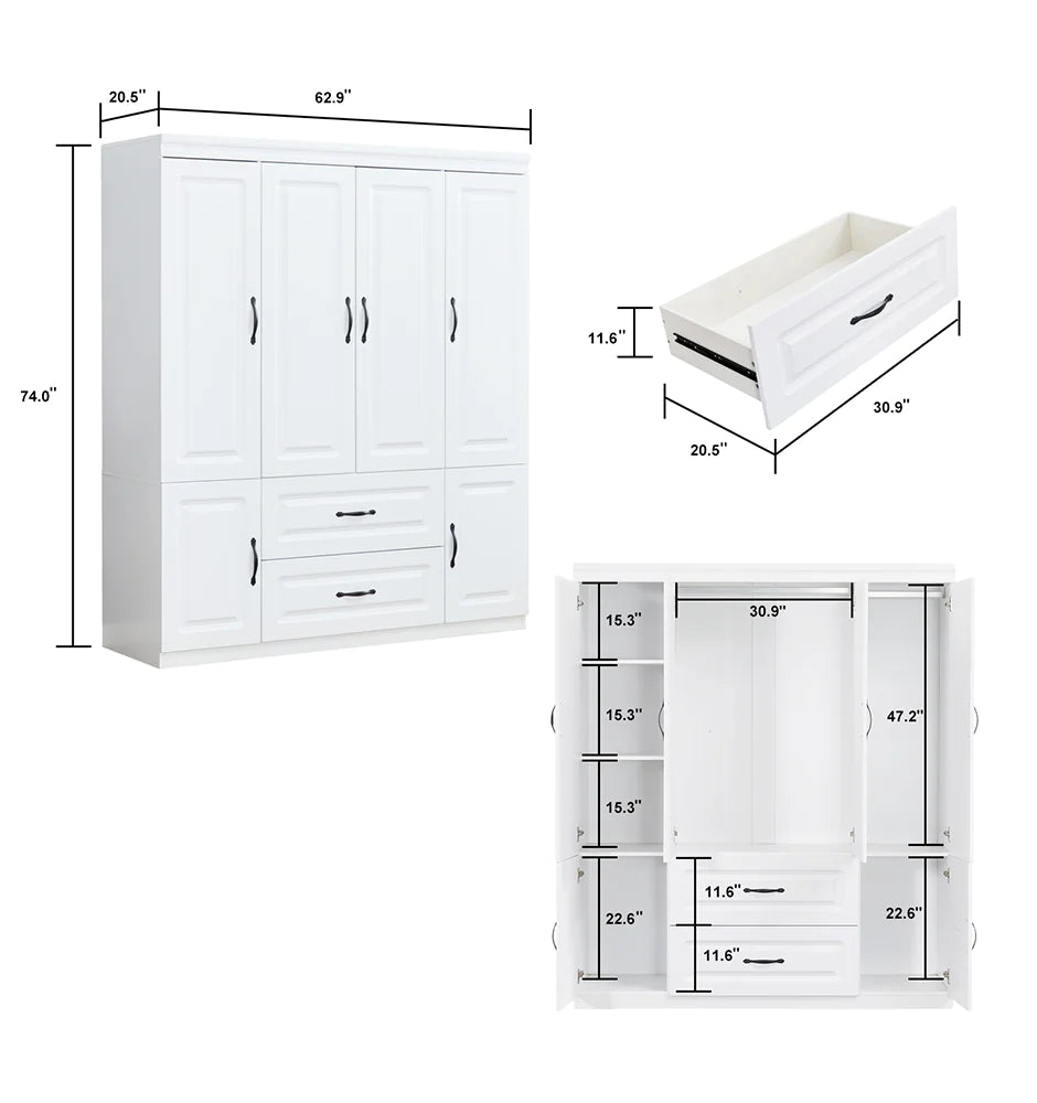 Elegant White Solid Wood Wardrobe - 74" Height with Multi Storage