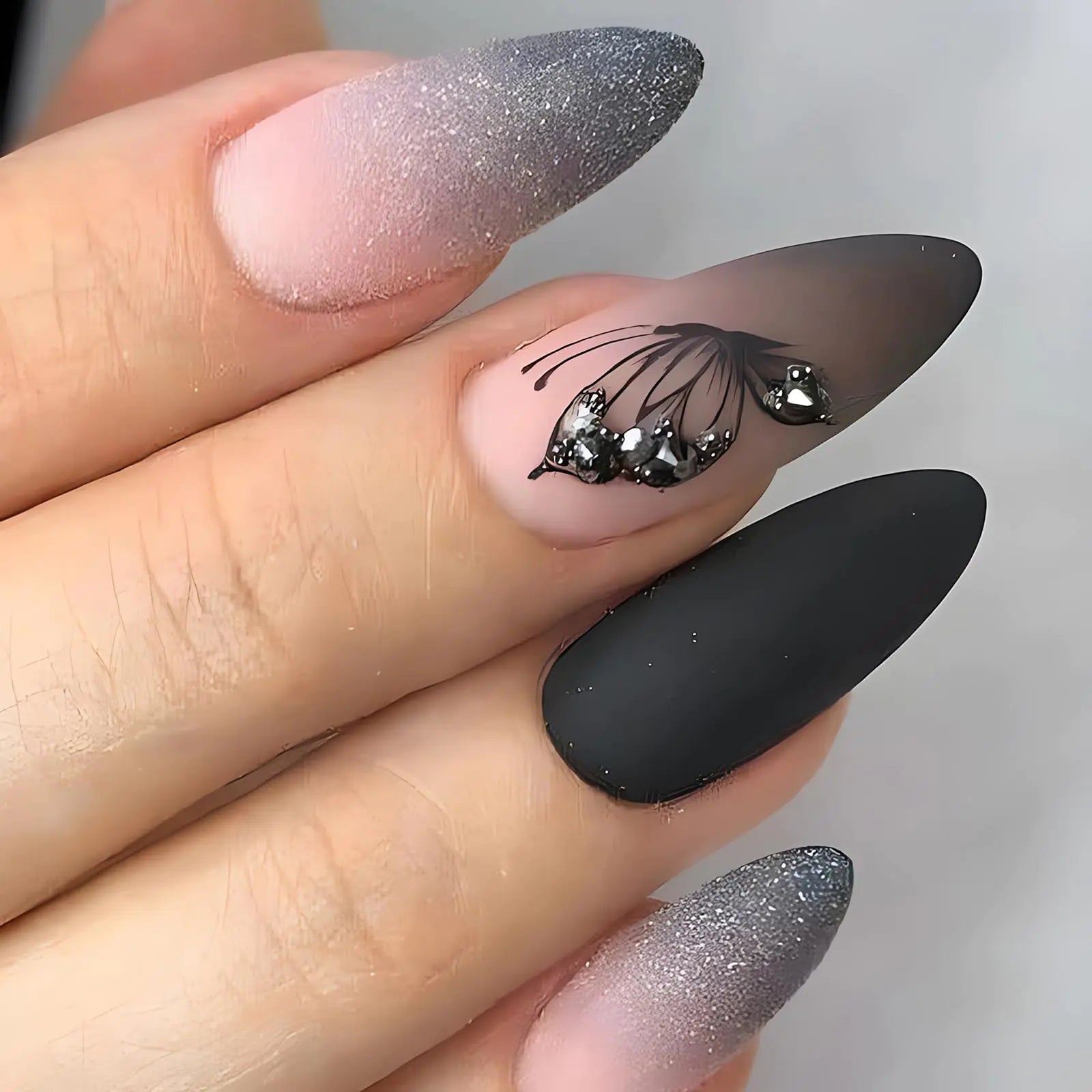 Almond Black Press-On Nails with Butterfly Accents