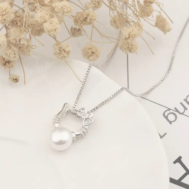 Pearl Accented Silver Cat Necklace