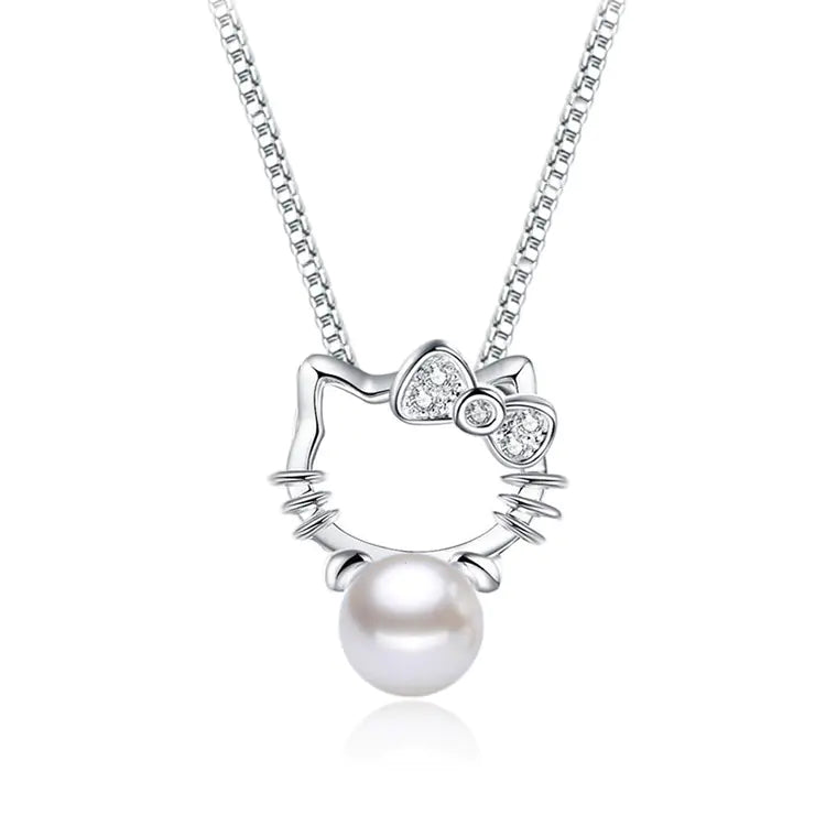 Pearl Accented Silver Cat Necklace