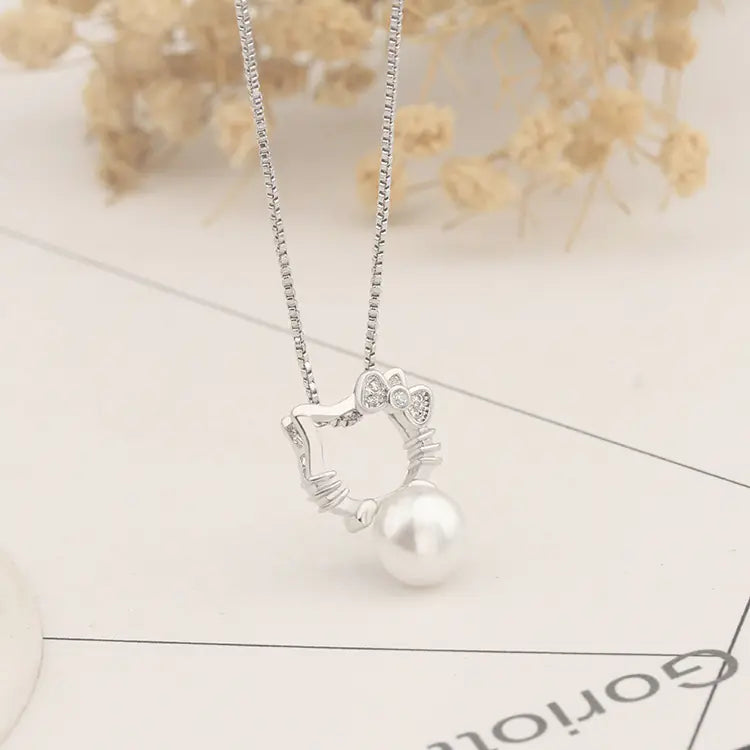 Pearl Accented Silver Cat Necklace