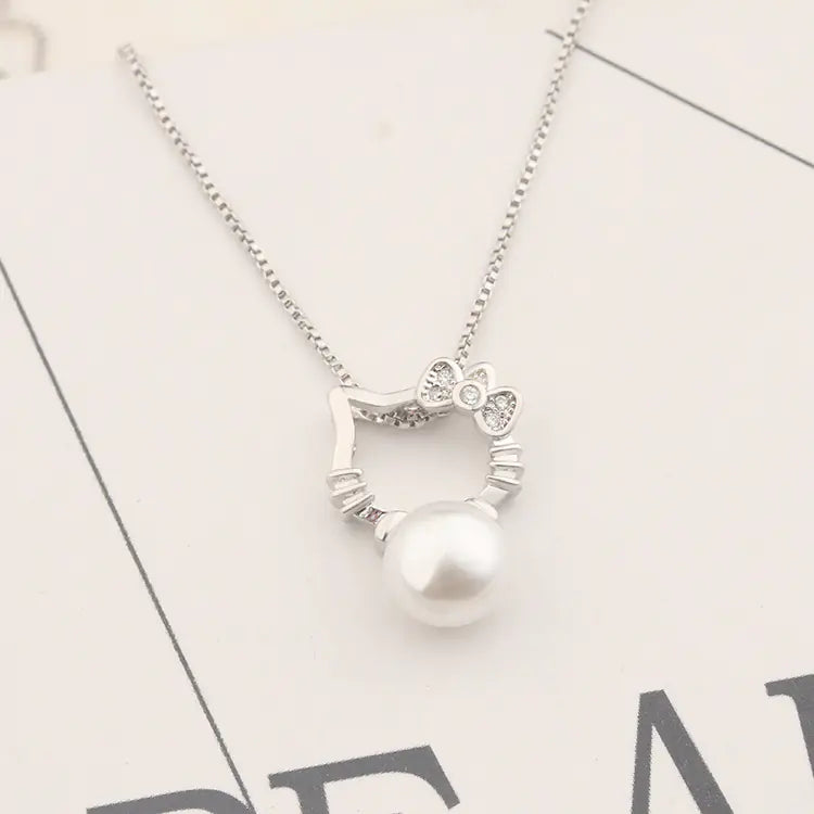 Pearl Accented Silver Cat Necklace