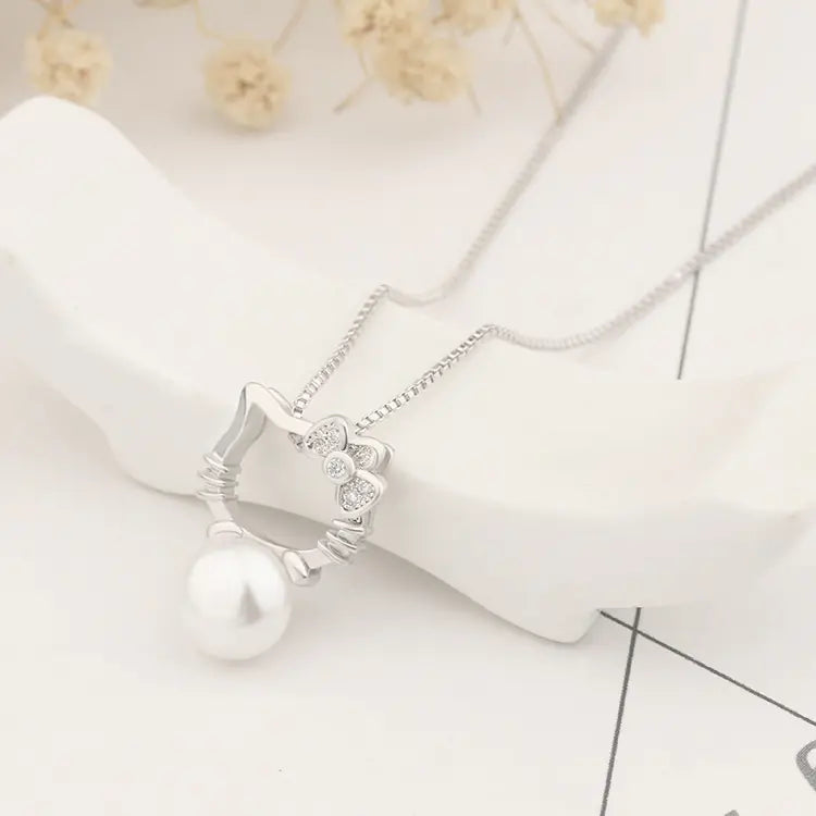 Pearl Accented Silver Cat Necklace