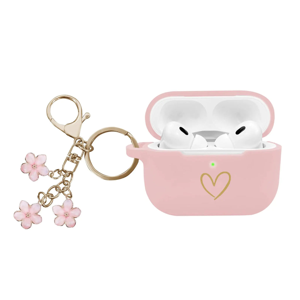 AirPods Pro 2 Soft Silicone Case with Golden Heart & Cherry Blossom Keychain