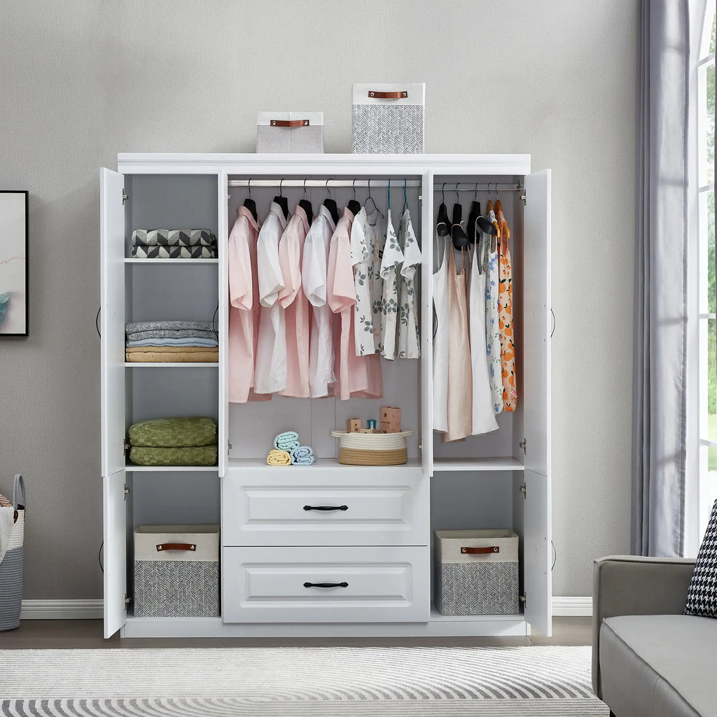 Elegant White Solid Wood Wardrobe - 74" Height with Multi Storage