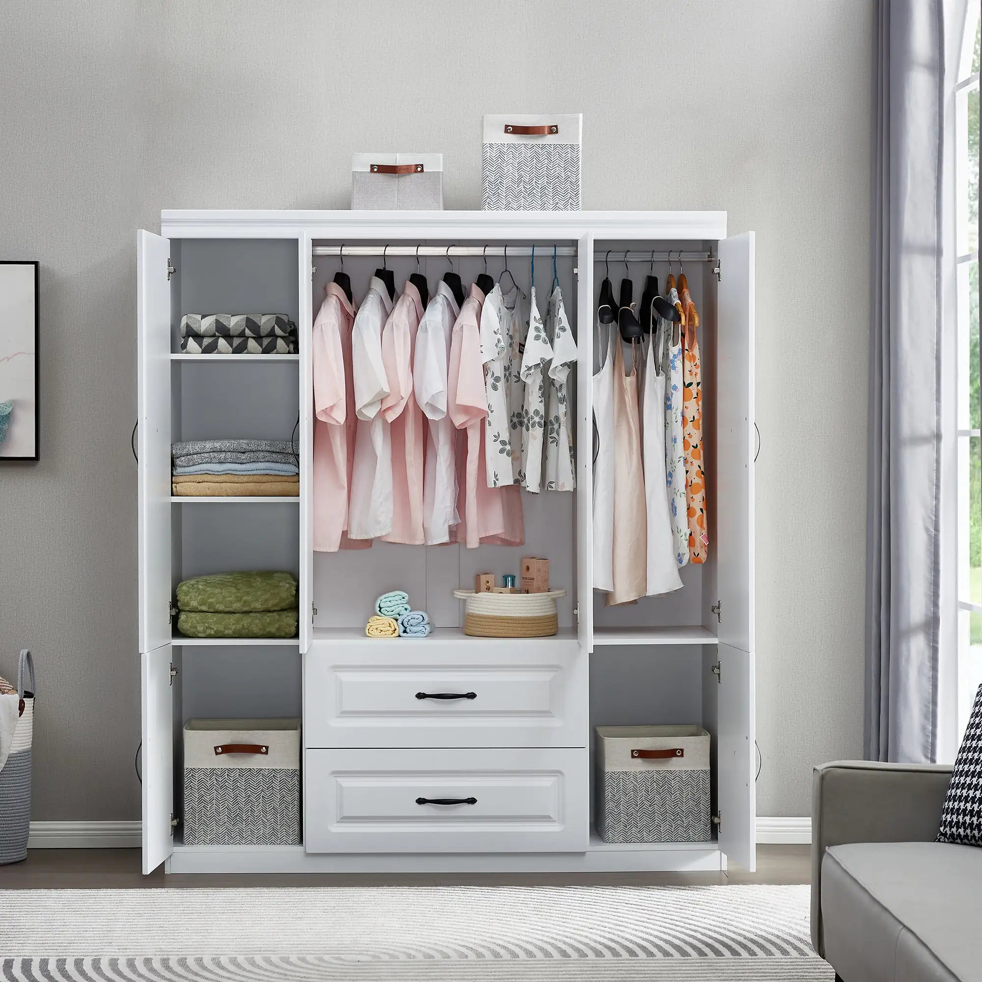 Elegant White Solid Wood Wardrobe - 74" Height with Multi Storage