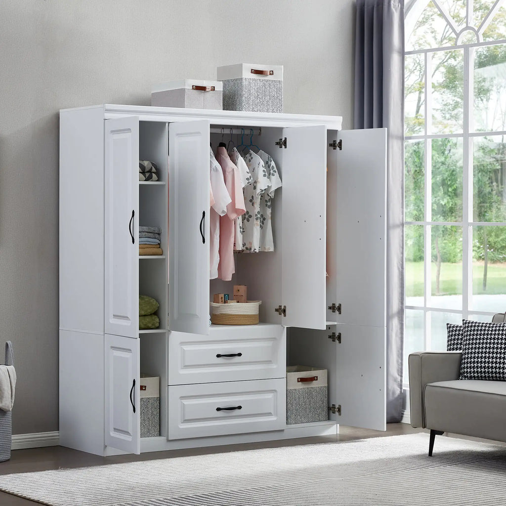 Elegant White Solid Wood Wardrobe - 74" Height with Multi Storage
