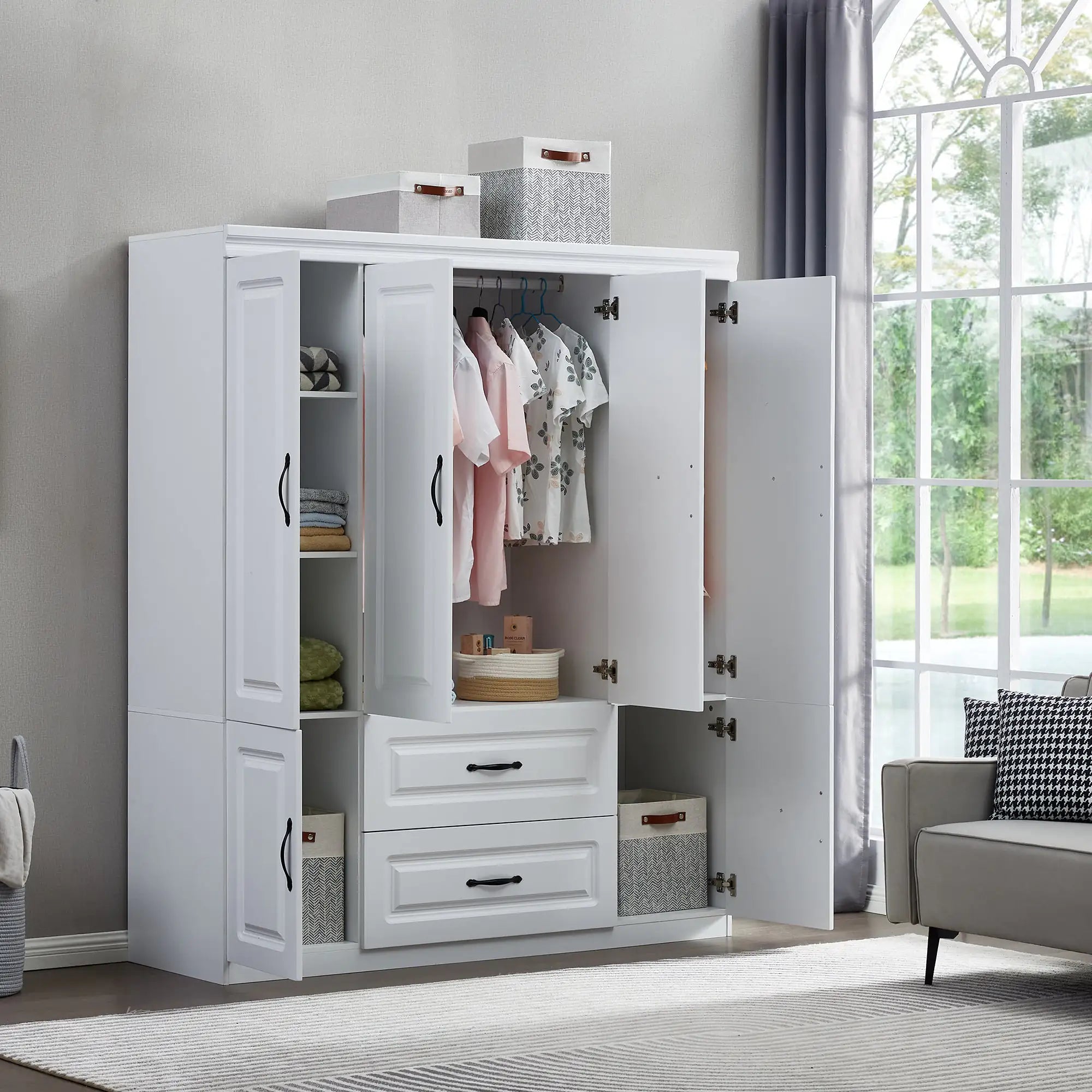 Elegant White Solid Wood Wardrobe - 74" Height with Multi Storage