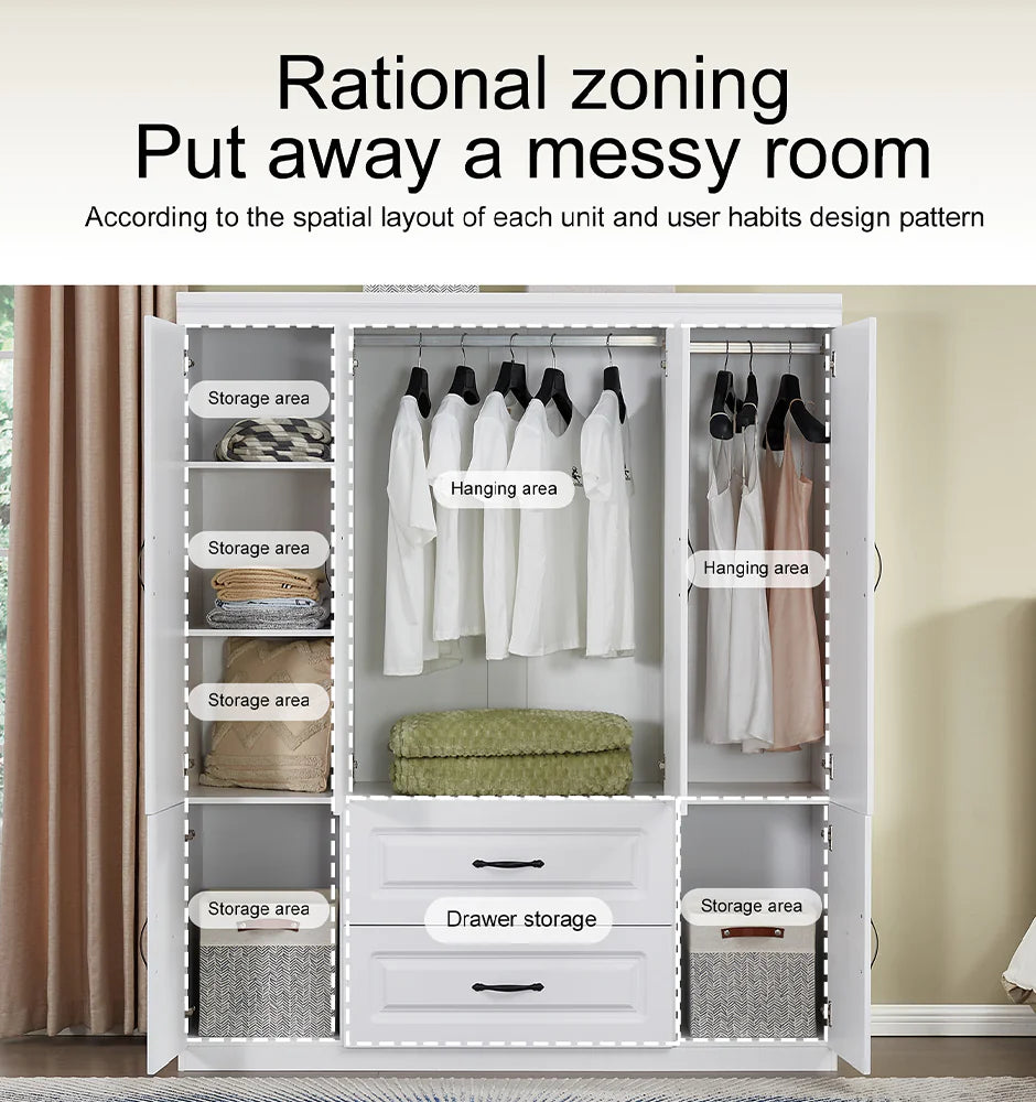 Elegant White Solid Wood Wardrobe - 74" Height with Multi Storage
