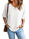 Dokotoo 2025 Summer Waffle Knit Tops - Short Sleeve, Crew Neck, White XL